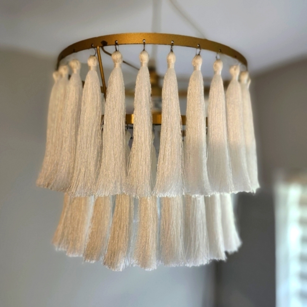 Elegant White Fringe Tassel Chandlier Gold Accents Boho Modern Lamp